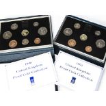 A set of ten Royal Mint UK proof coin sets, a run from 1990 to 1999, appear unopened, with year