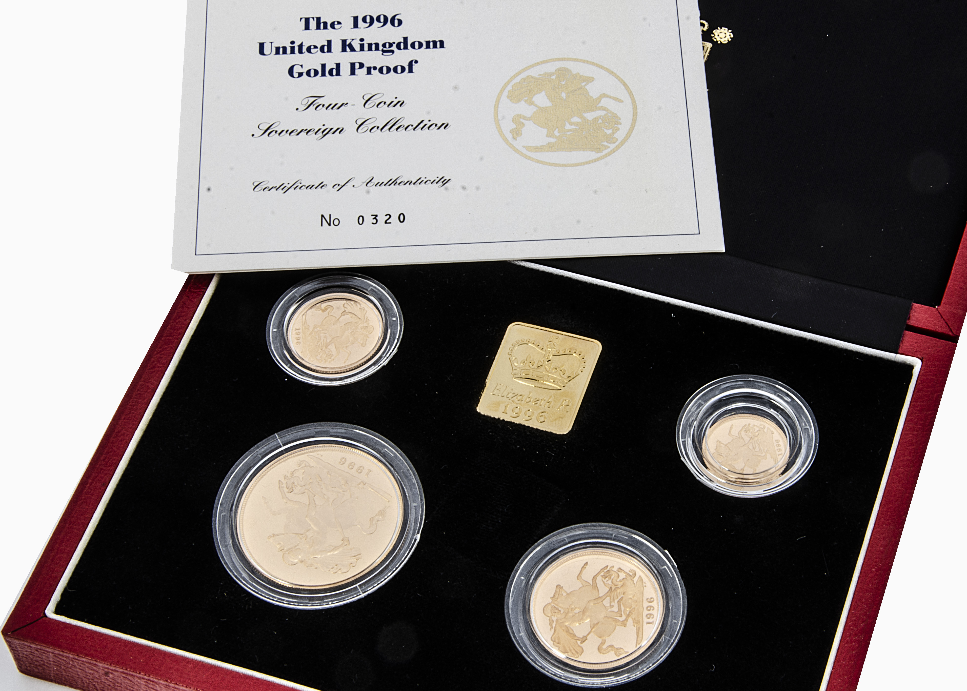 A modern Royal Mint UK Gold Proof Four Coin Sovereign Collection, 1996, comprising five pound,