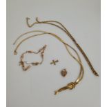 A small collection of 9ct gold, including a textured flattened and knot necklace, a belcher link