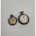 Two lady's gun metal open faced fob watches, the larger with white face, black roman numerals,