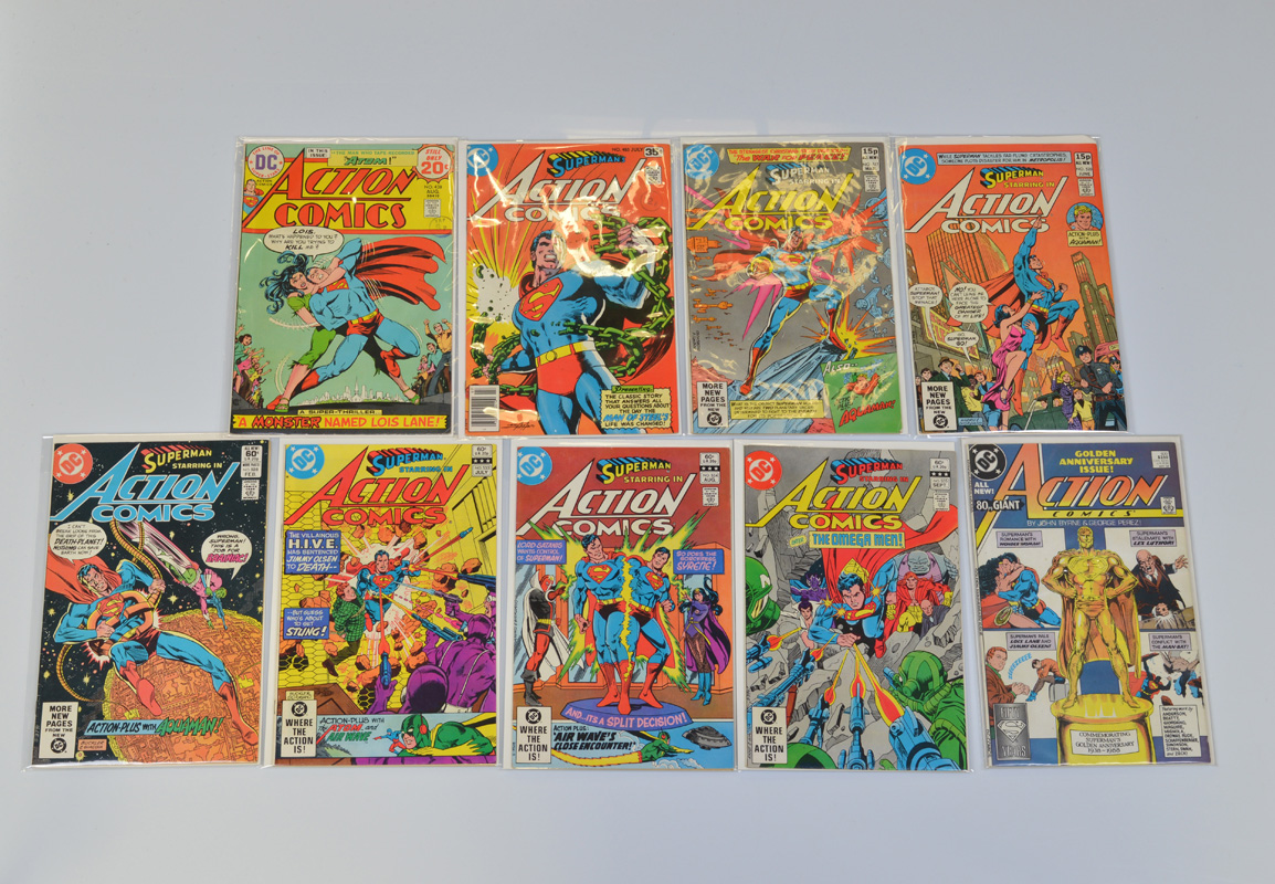 Action Comics (1974/88) DC, #438 #485 #517 #520 #528 #533 #534 #535 #600 all bagged and boarded (9)