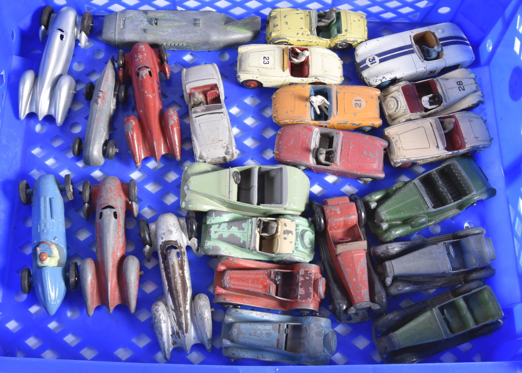 Dinky Post-war Playworn Competition Cars and Coupes, various vintage vehicles includes Auto Union,