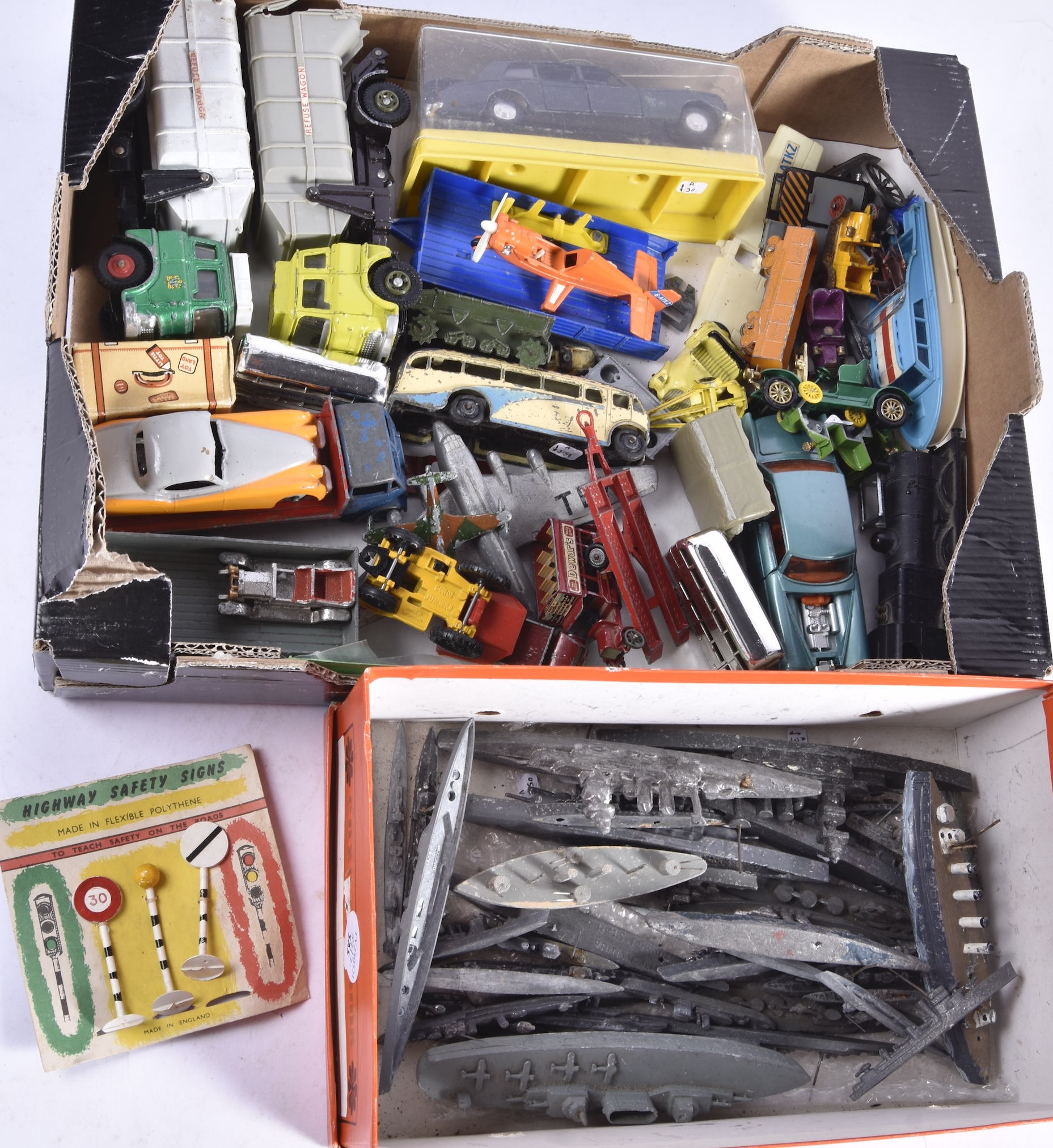 Post-war and Later Playworn Diecast Vehicles and Lead Waterline Models, various vintage vehicles