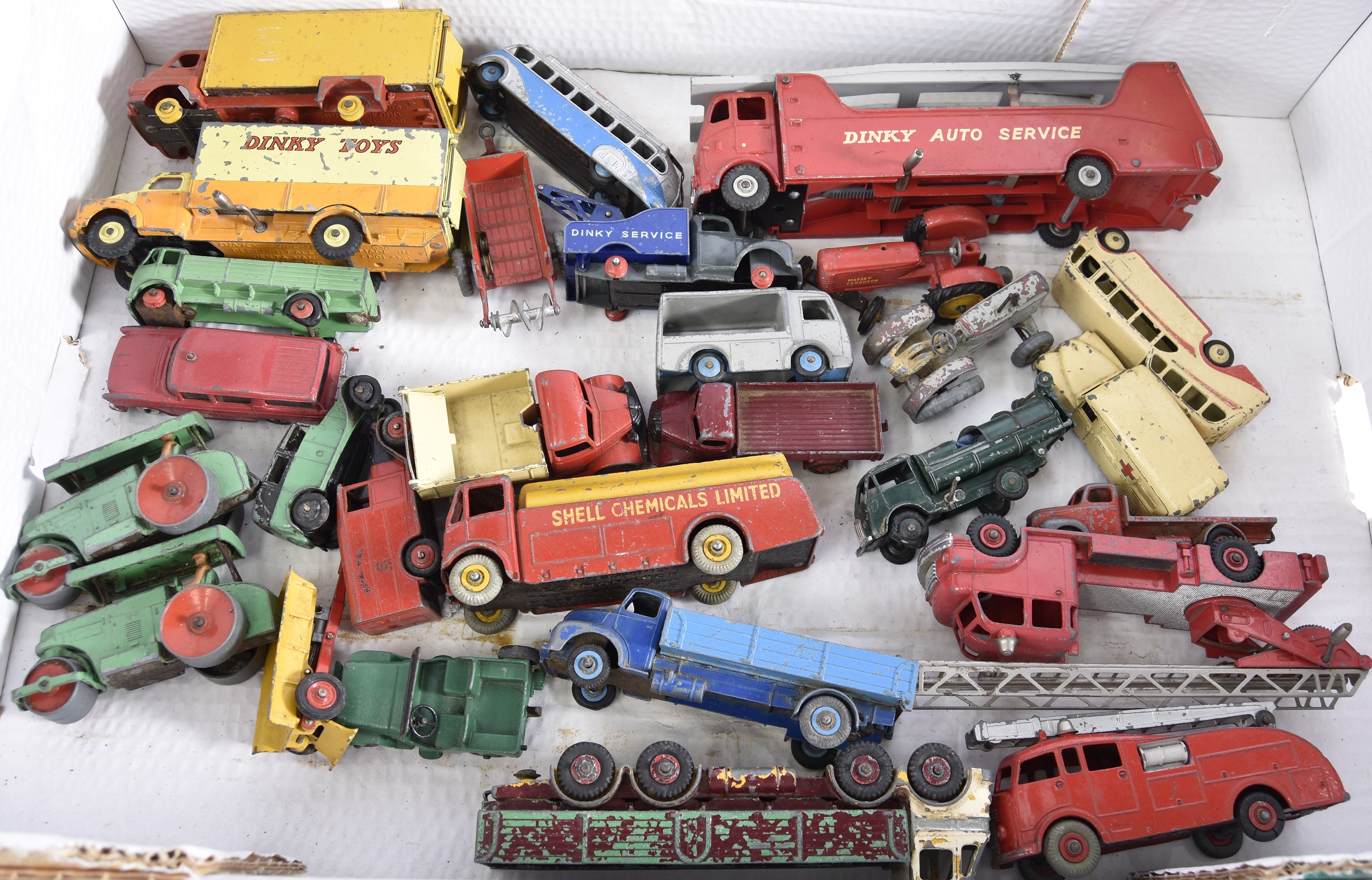 Post-war Playworn Dinky Diecast Vehicles, a collection of vintage commercial vehicles, vans, trucks,