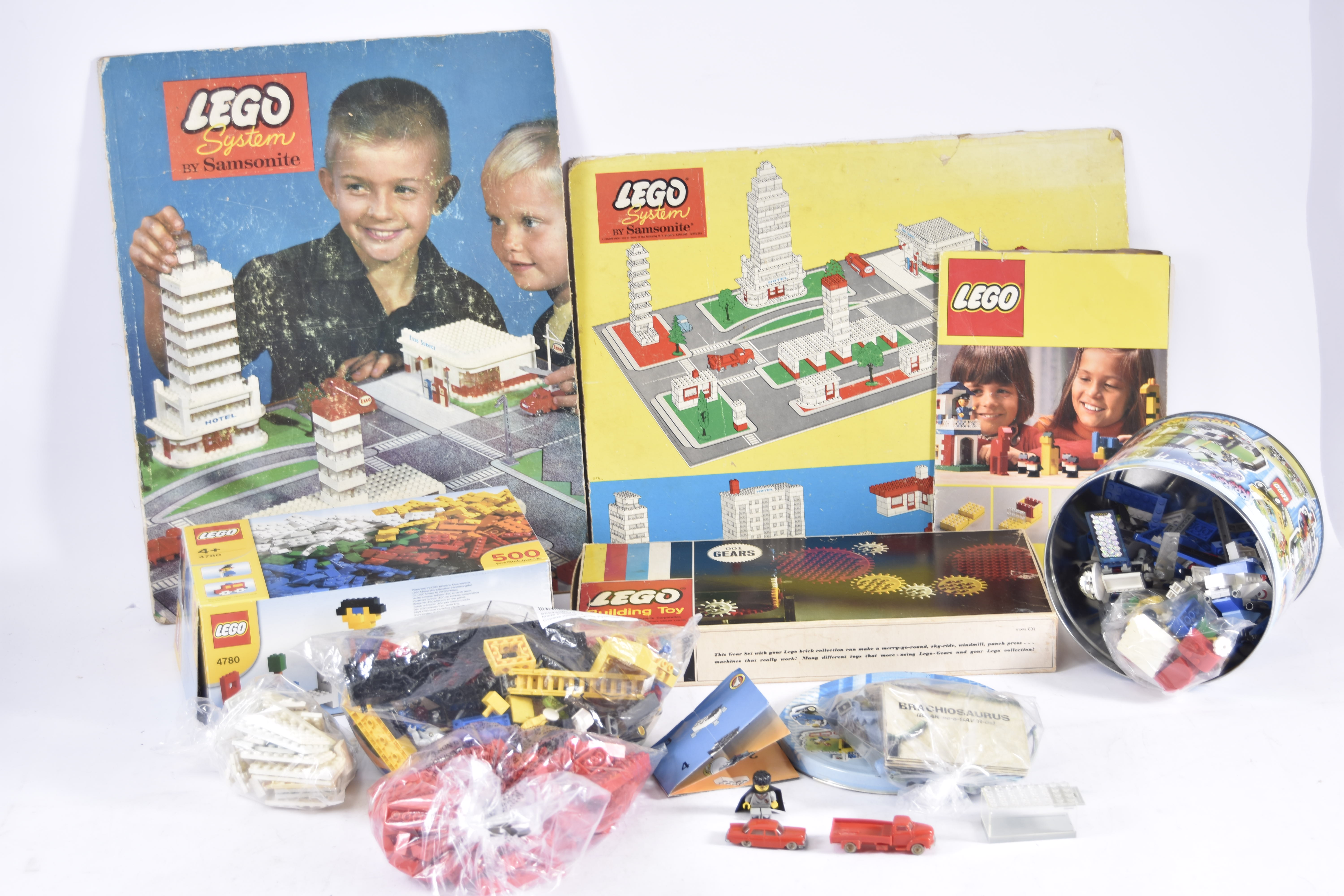 Large quantity of 1960s and later Lego, including Card Town Plan by Samsonite, HO Gauge Mercedes