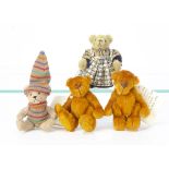 Four miniature artist teddy bears, two Calico Bears 'Sammie' by Katherine Rabjohn with card tags and