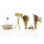 Dolls' house metal chattels, a gold painted metal stand with decanter with stopper and six