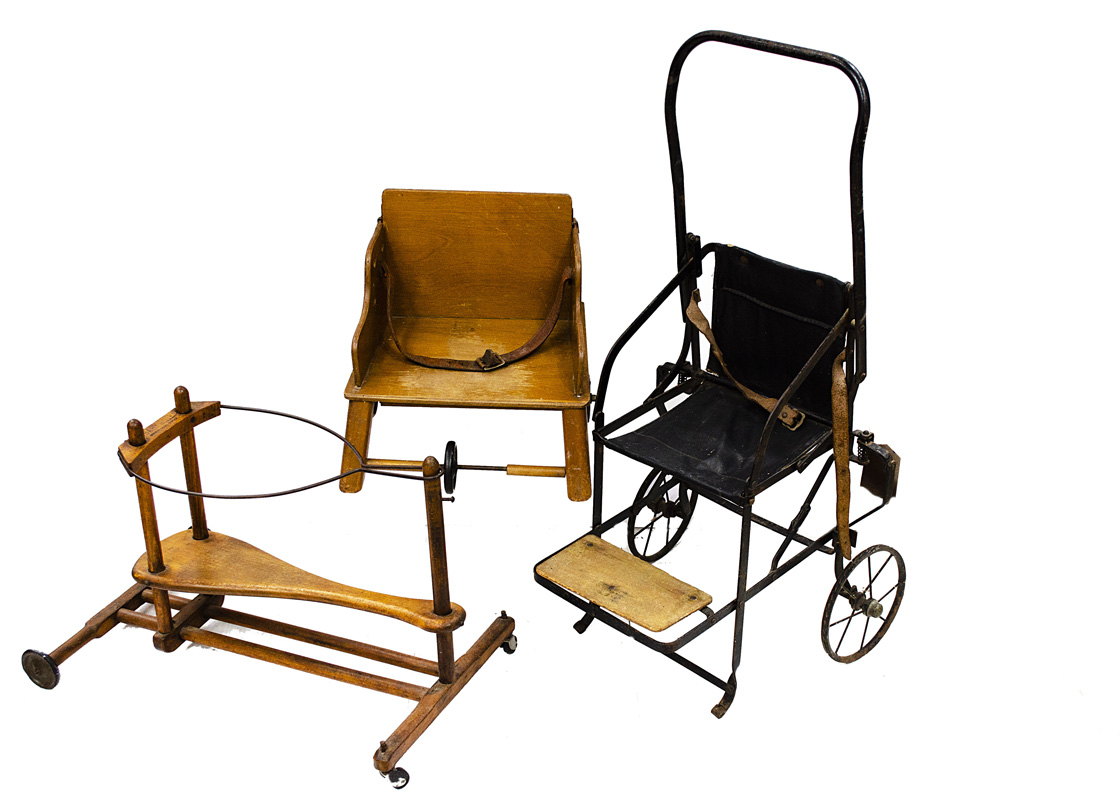 A French wooden Baby Joie ride on cart, with metal wheels and rubber tyres, front castors and wire