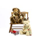 German collector's teddy bears, Hermann -- Bear in red classic car, jointed miniature bear and