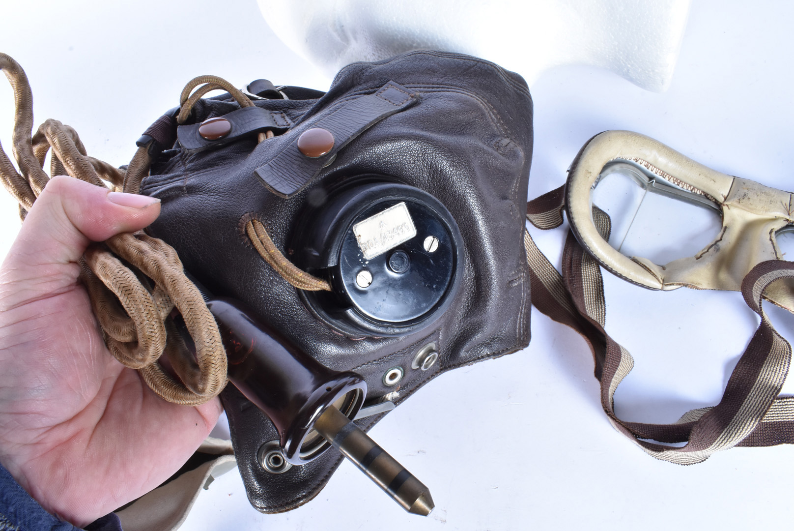 A Type C flying helmet, the brown leather helmet marked with broad arrow to the build in and wired - Image 10 of 10