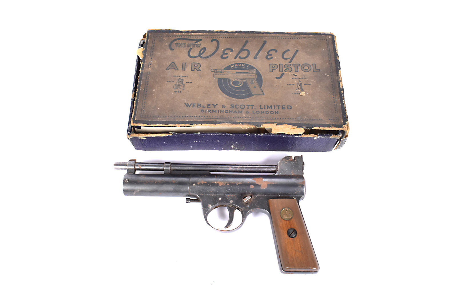 A Webley Air Pistol Mark I, serial 12247, Patent219872, complete in original box