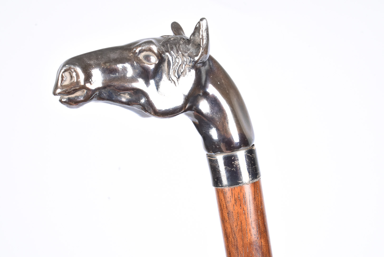 A silver plated horse head walking stick, the top in the form of a horse's head, leading down to - Image 2 of 4