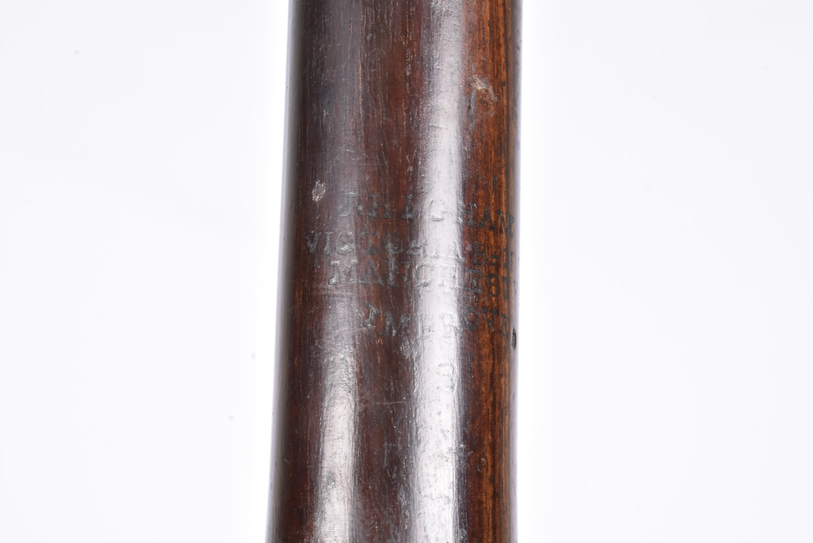 A horn topped woodwind instrument walking stick by J Higham, the 95cm long walking stick, with - Image 4 of 6