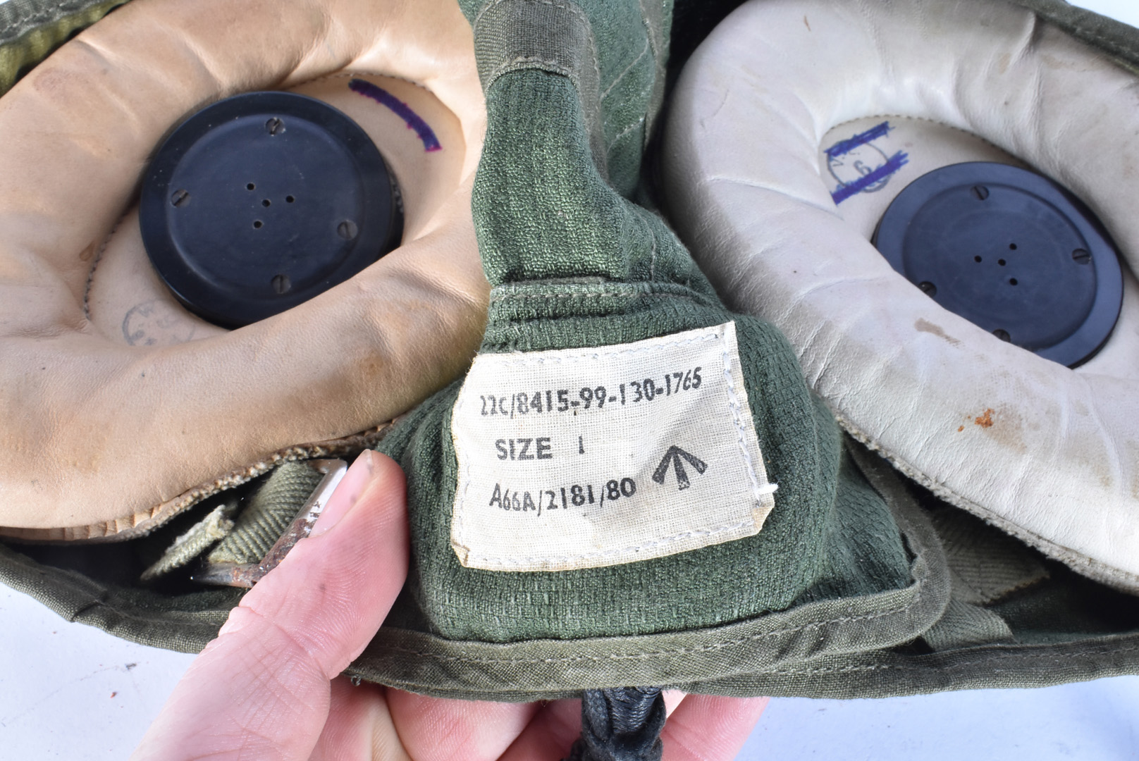 A British Lightweight/Summer flying helmet, in Khaki green, wired with earphones and microphone, - Image 8 of 8