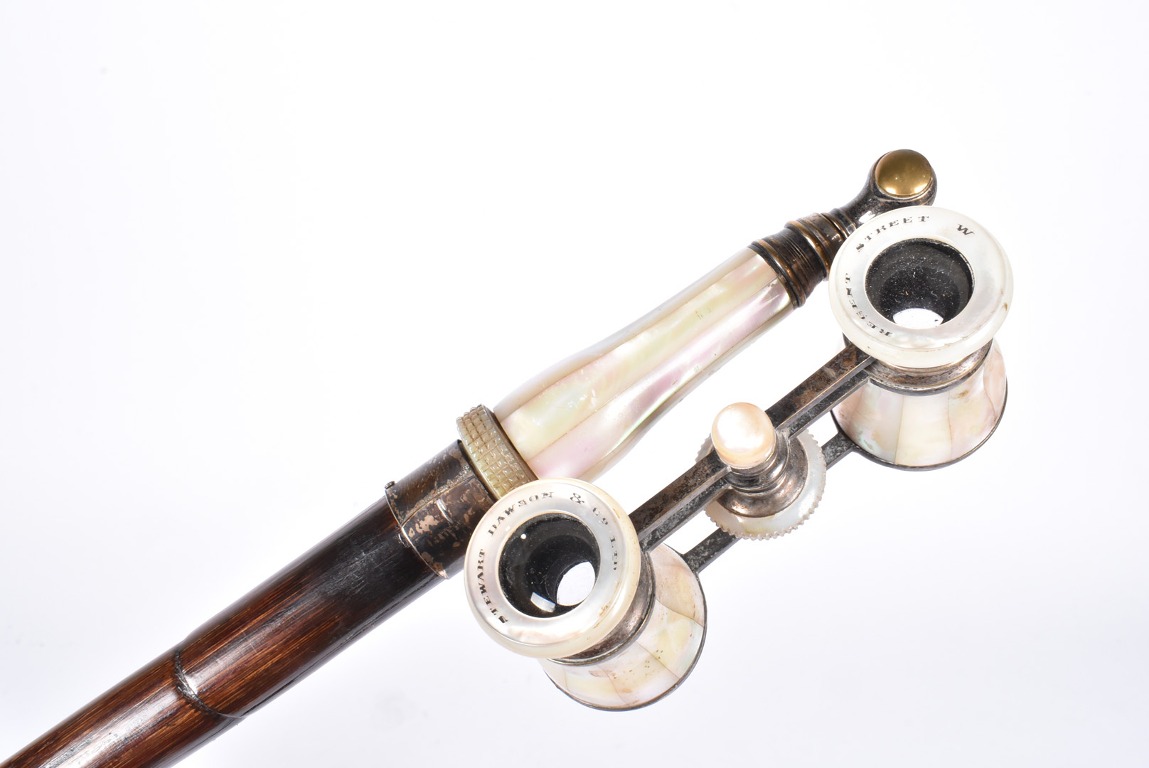 An Opera glass walking stick, the Stewart Dawson & Co Ltd mother of pearl pair of opera glasses - Image 2 of 3