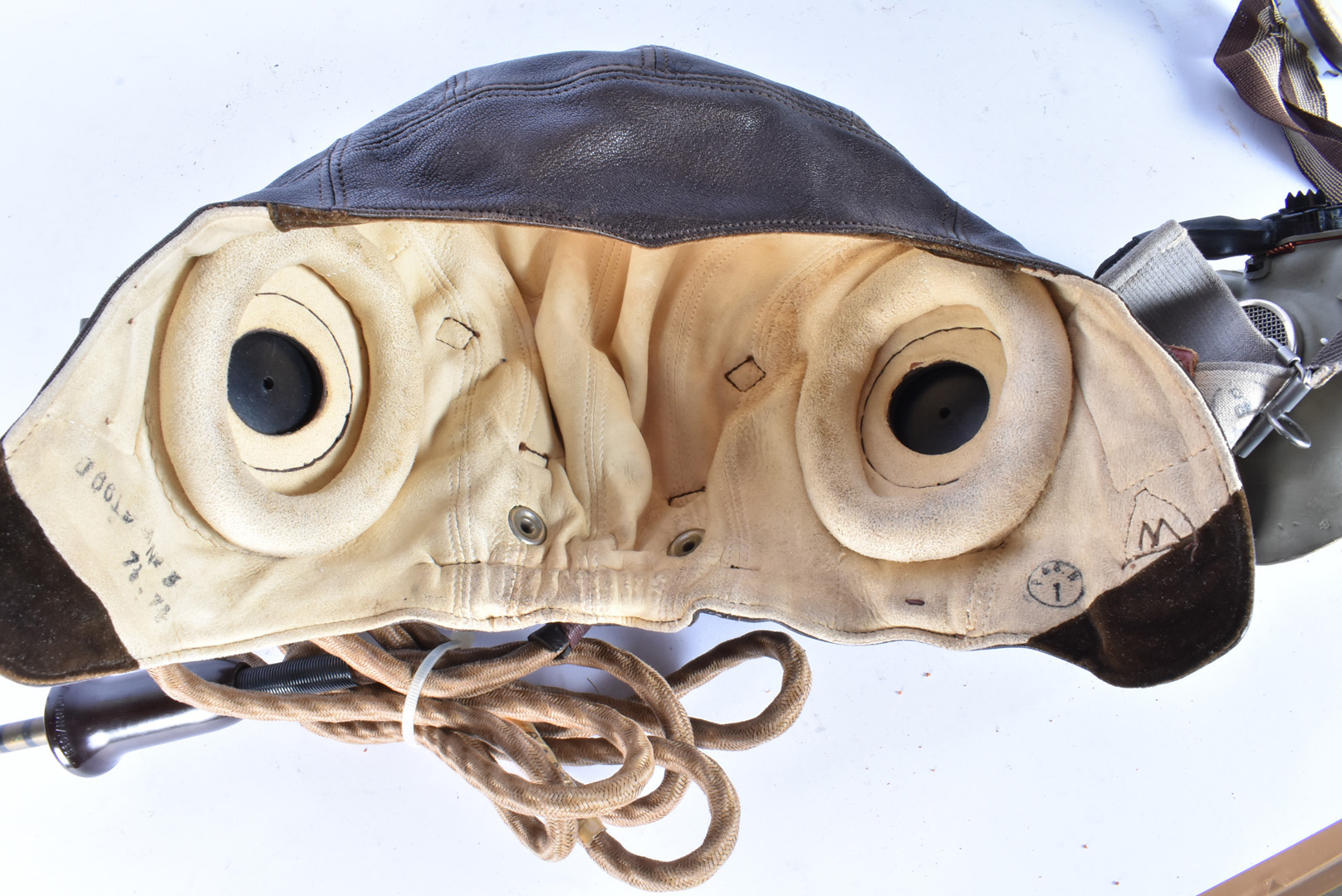 A Type C flying helmet, the brown leather helmet marked with broad arrow to the build in and wired - Image 6 of 10