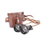 A cased pair of pilot binoculars by H.H & Sons Ltd, no. 158918, black painted, complete with leather