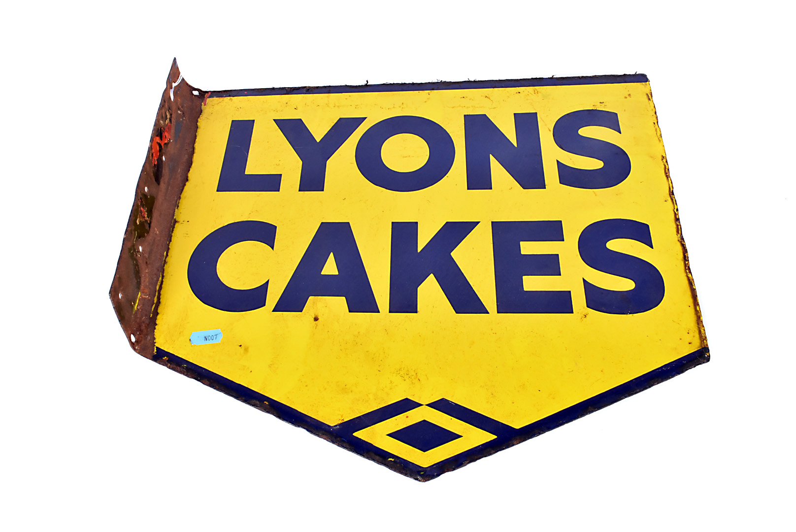 Original enamelled Lyon Cakes Advertising sign, a double-sided flanged example, with blue