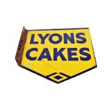 Original enamelled Lyon Cakes Advertising sign, a double-sided flanged example, with blue
