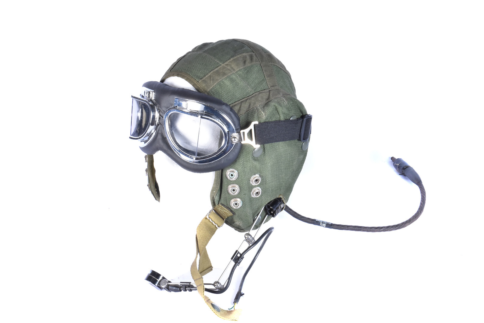 A British Lightweight/Summer flying helmet, in Khaki green, wired with earphones and microphone,