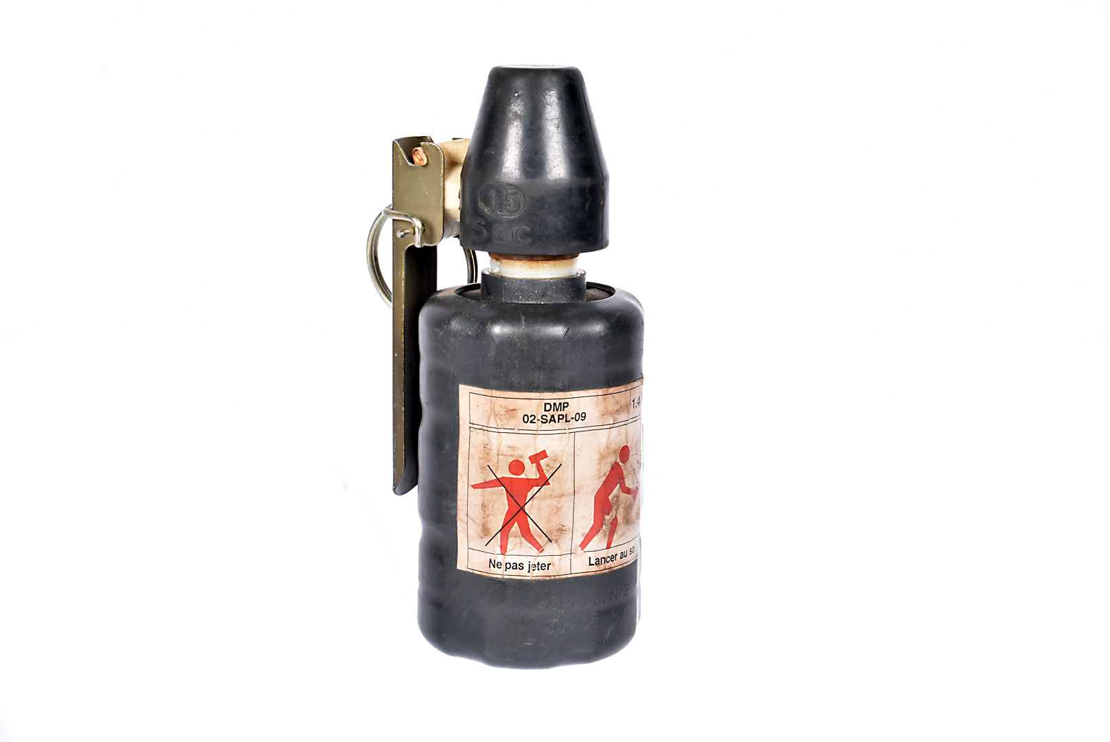An inert French Anti-Riot grenade, marked SAPL Lot N JU-06-09 to the black rubber body, this holding