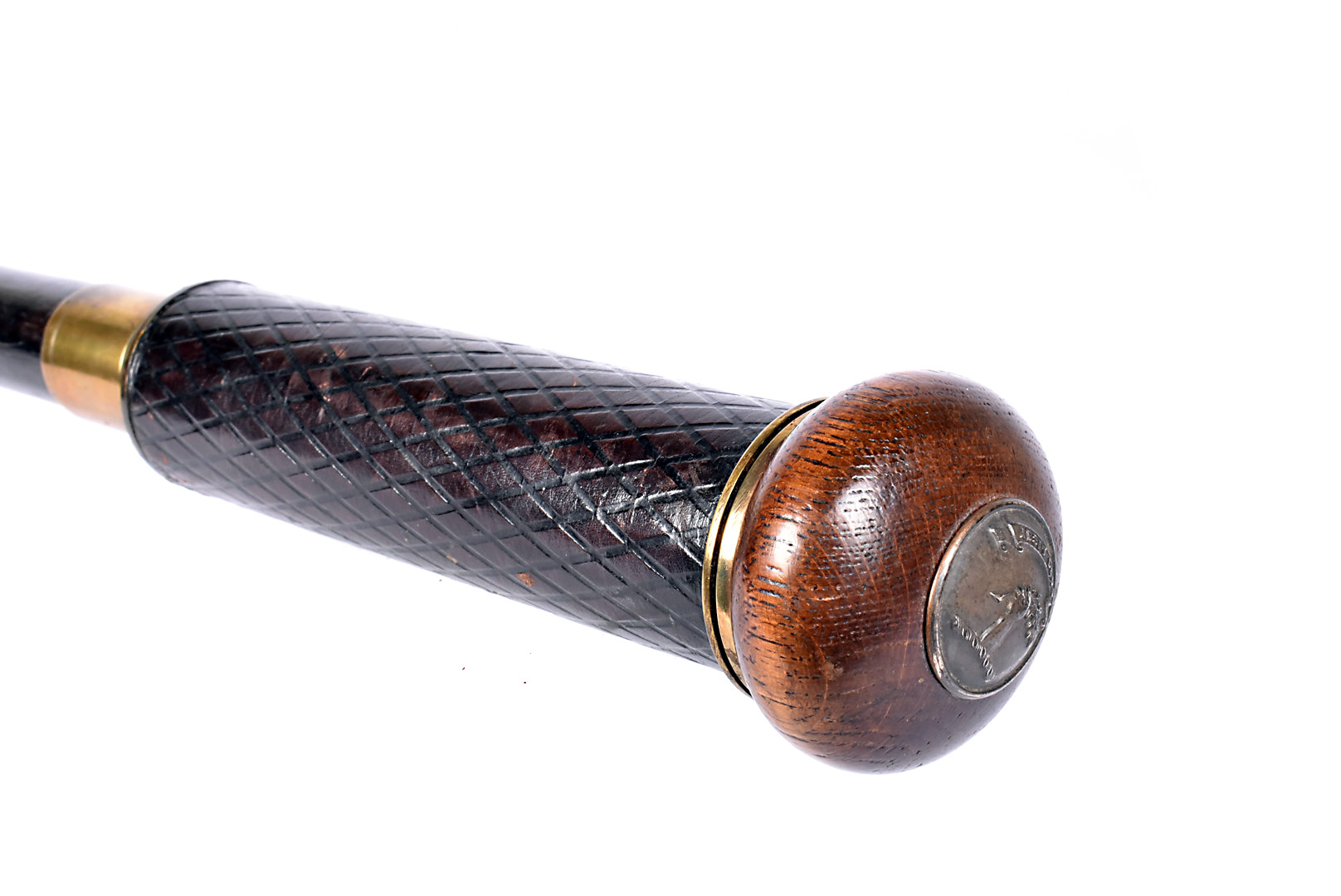 A Telescoped topped walking stick, having turned wooden top, with crest 'Adsit Deus' to top, this