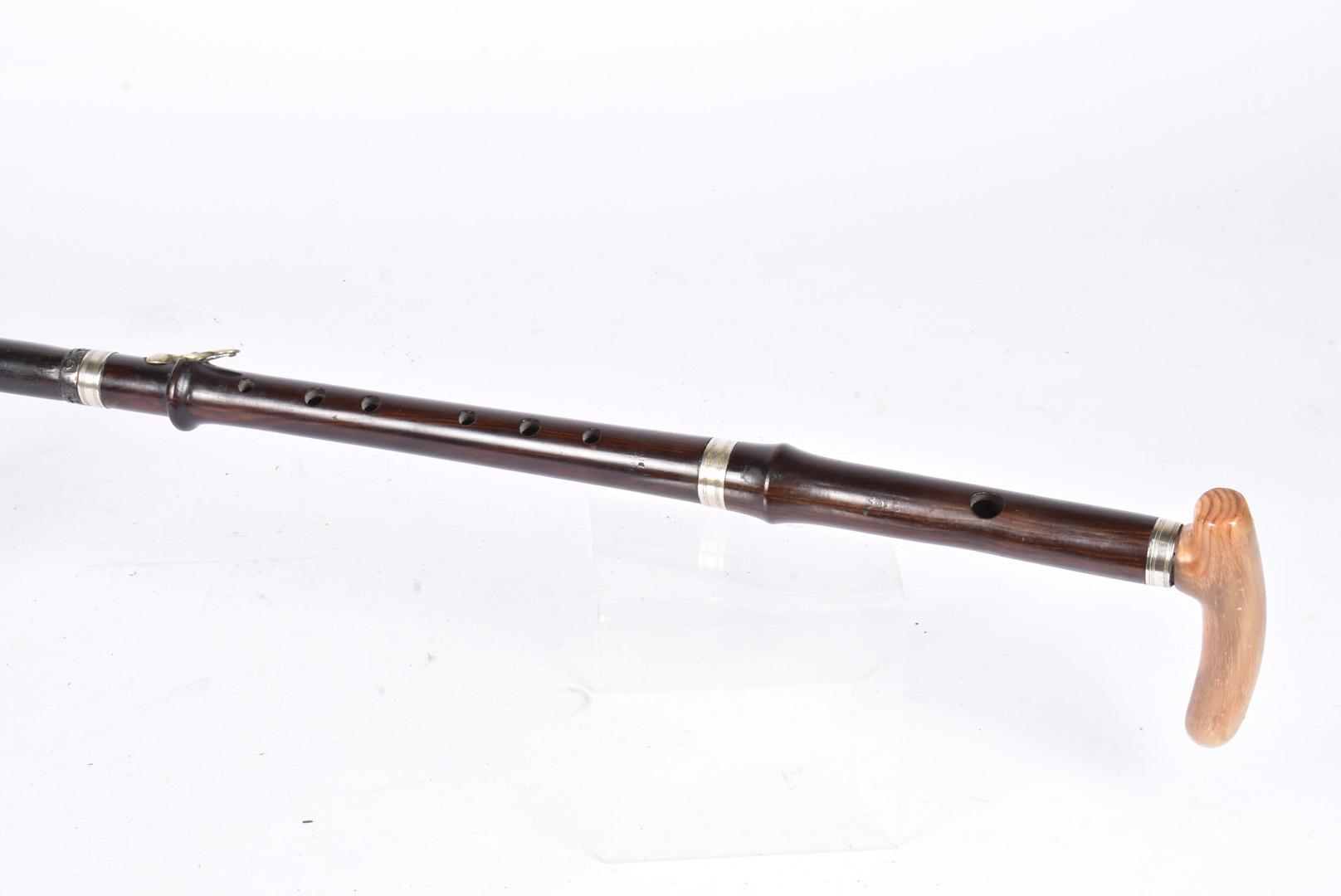 A horn topped woodwind instrument walking stick by J Higham, the 95cm long walking stick, with - Image 3 of 6