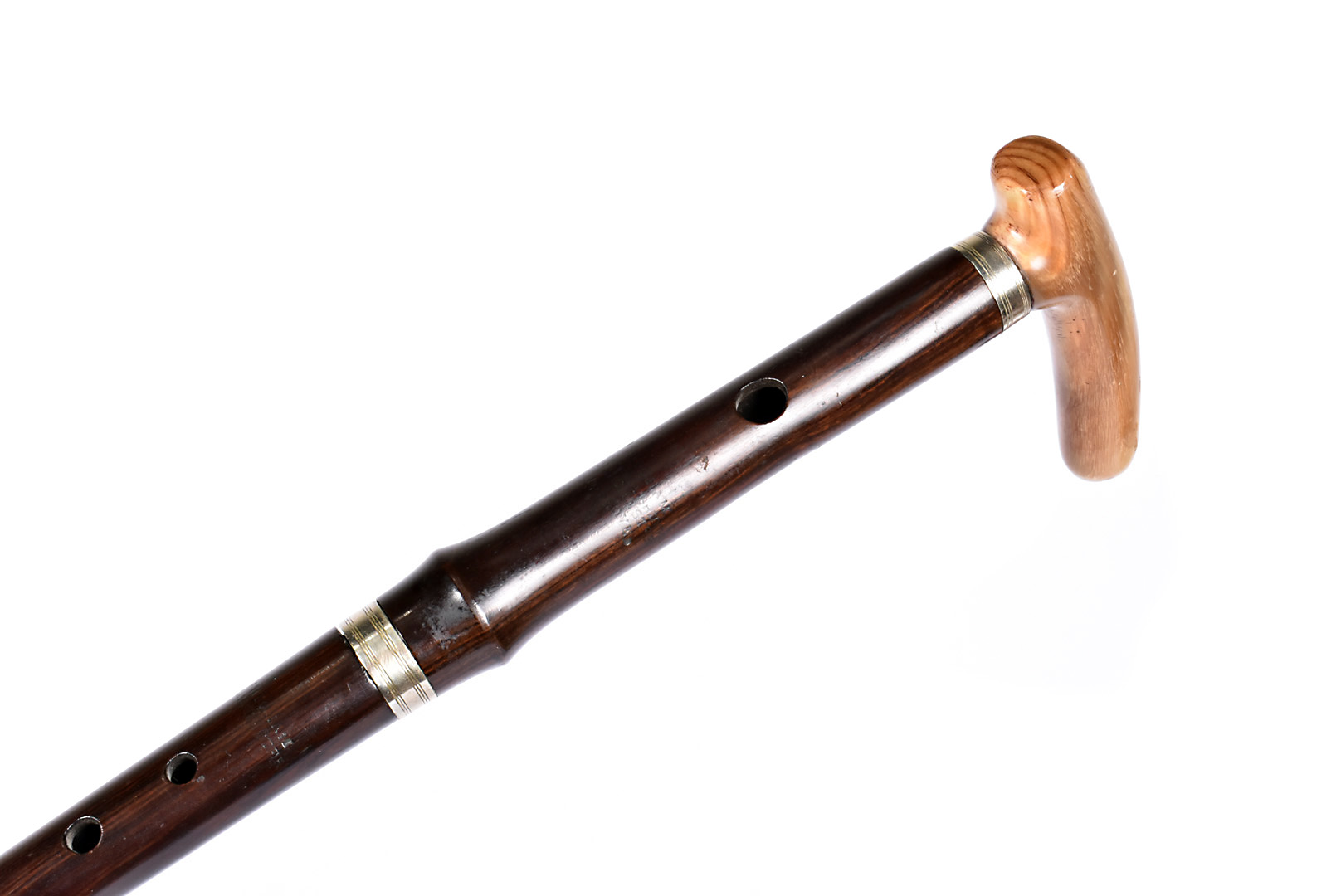 A horn topped woodwind instrument walking stick by J Higham, the 95cm long walking stick, with