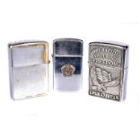 A group of three Military related Zippo lighters, a circa 1946-49 example, chrome over brass, patent