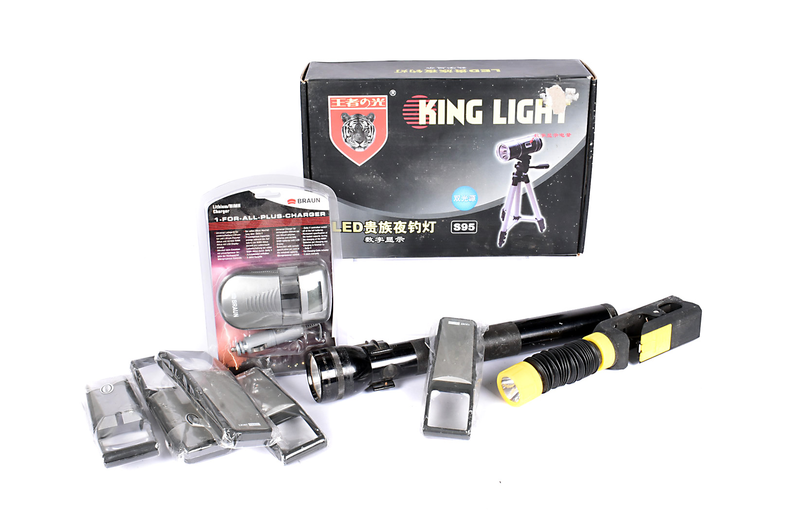 A Light Light LED fishing light with tripod, in retailers box, together with a large maglite, five