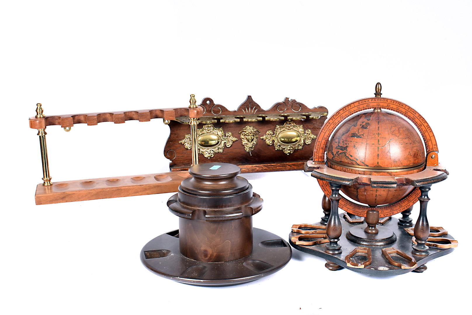 An assortment of Pipe stands, to include an example in the form of a antique globe (parcel)