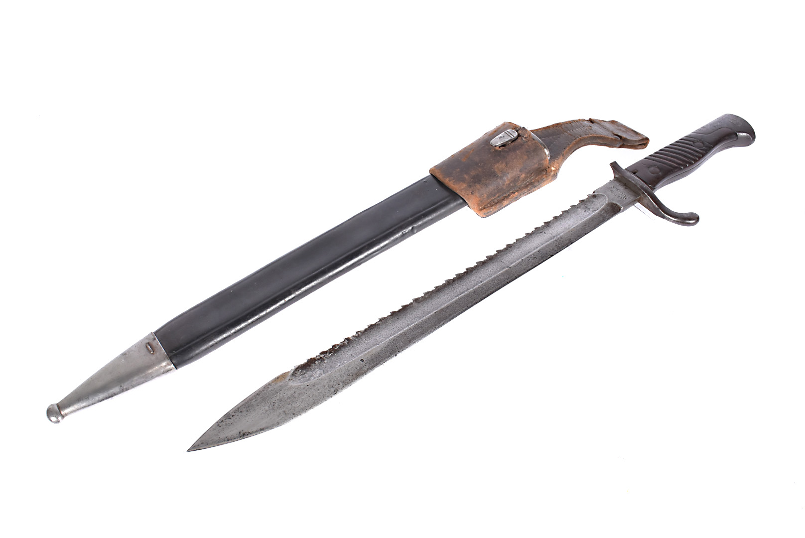 A High Ear German Butcher Sawback bayonet by Alex Coppel, dated 1915, blade 36.5cm, complete with