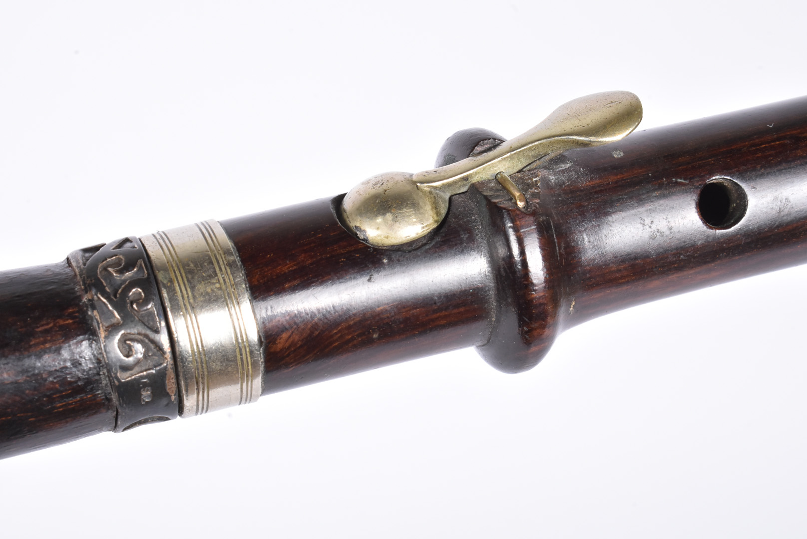 A horn topped woodwind instrument walking stick by J Higham, the 95cm long walking stick, with - Image 5 of 6