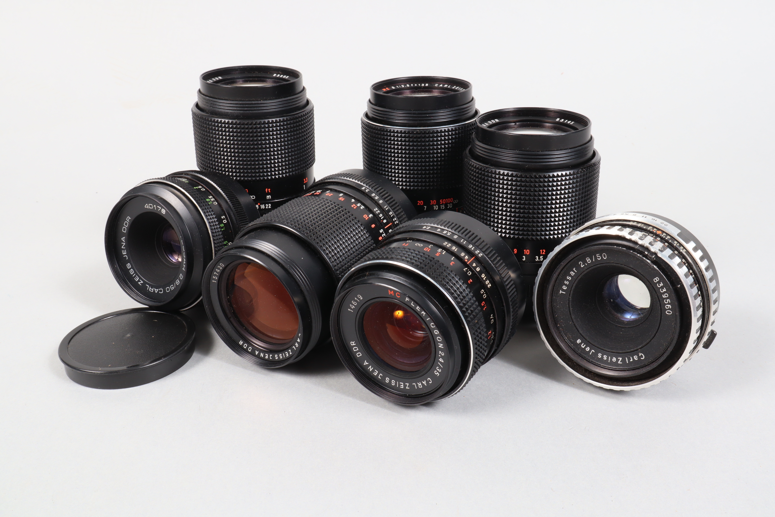 Carl Zeiss Jena M42 Mount Lenses, a 35mm f/2.5 MC Flektogon lens, barrel G, elements G,four 135mm