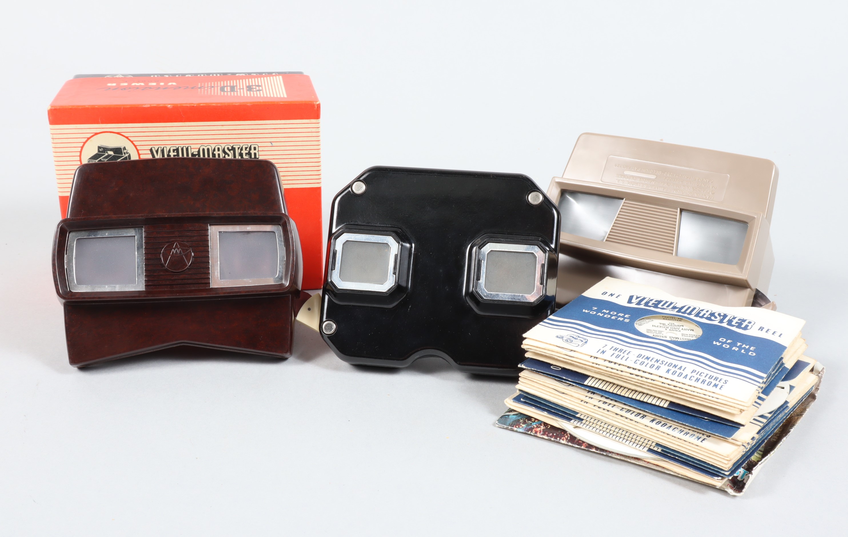 Three Sawyers Viewmaster 3D Viewers, a Model E, VG, in maker's box, a model C, G-VG, a Model G, G,