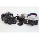 A Group of SLR Cameras, a Zenit 3, shutter working, body G, with Industar-50 50mm f/3.5 lens,