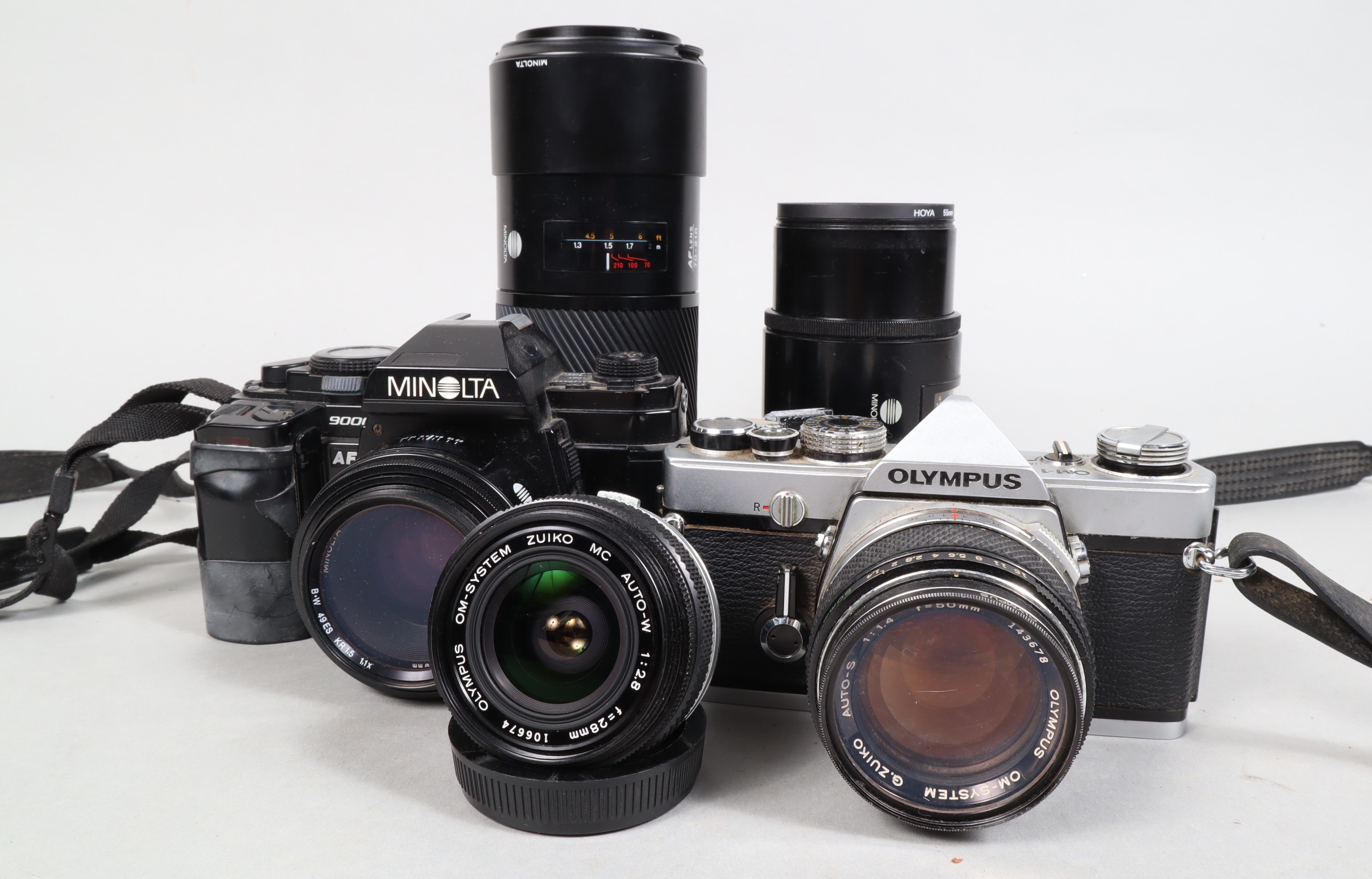 A Tray of SLR Cameras and Lenses, including an Olympus OM-1 SLR body, G.Zuiko Auto-S 50mm f/1.4