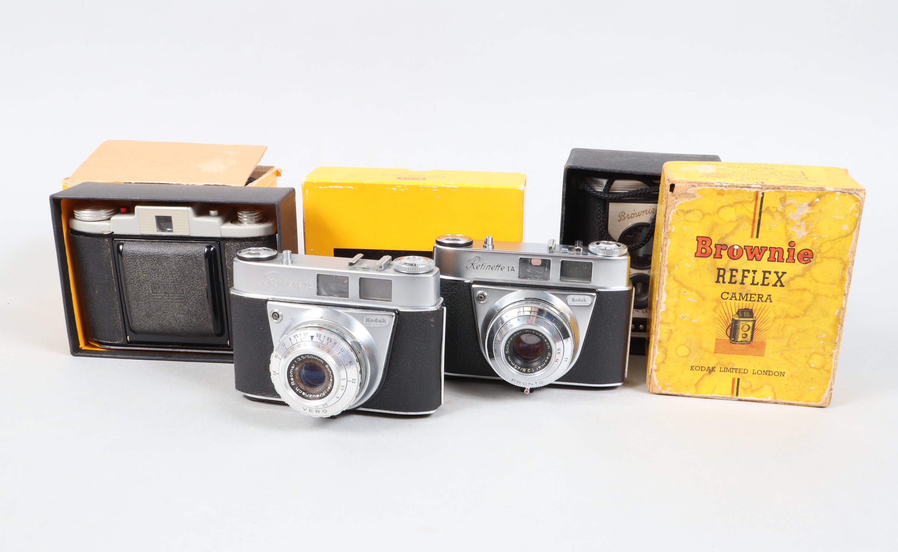 A Group of Kodak Cameras, two Retinette, one with schneider 50mm f/2.8 lens, shutter working, body