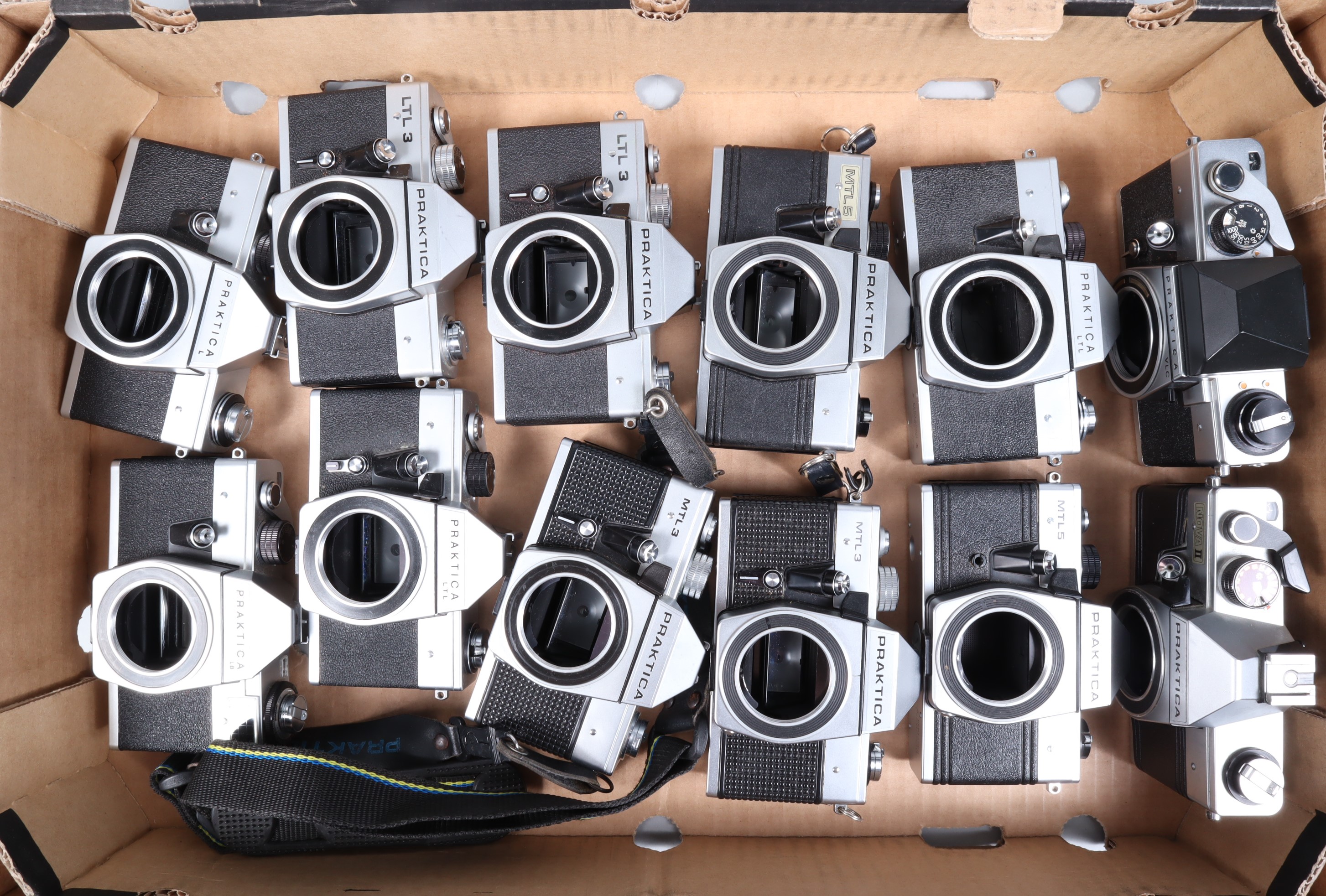 A Tray of Praktica Camera Bodies, a Praktica L, LB, LTL, two LTL 3, two MTL 3, a MTL 5, Nova II,