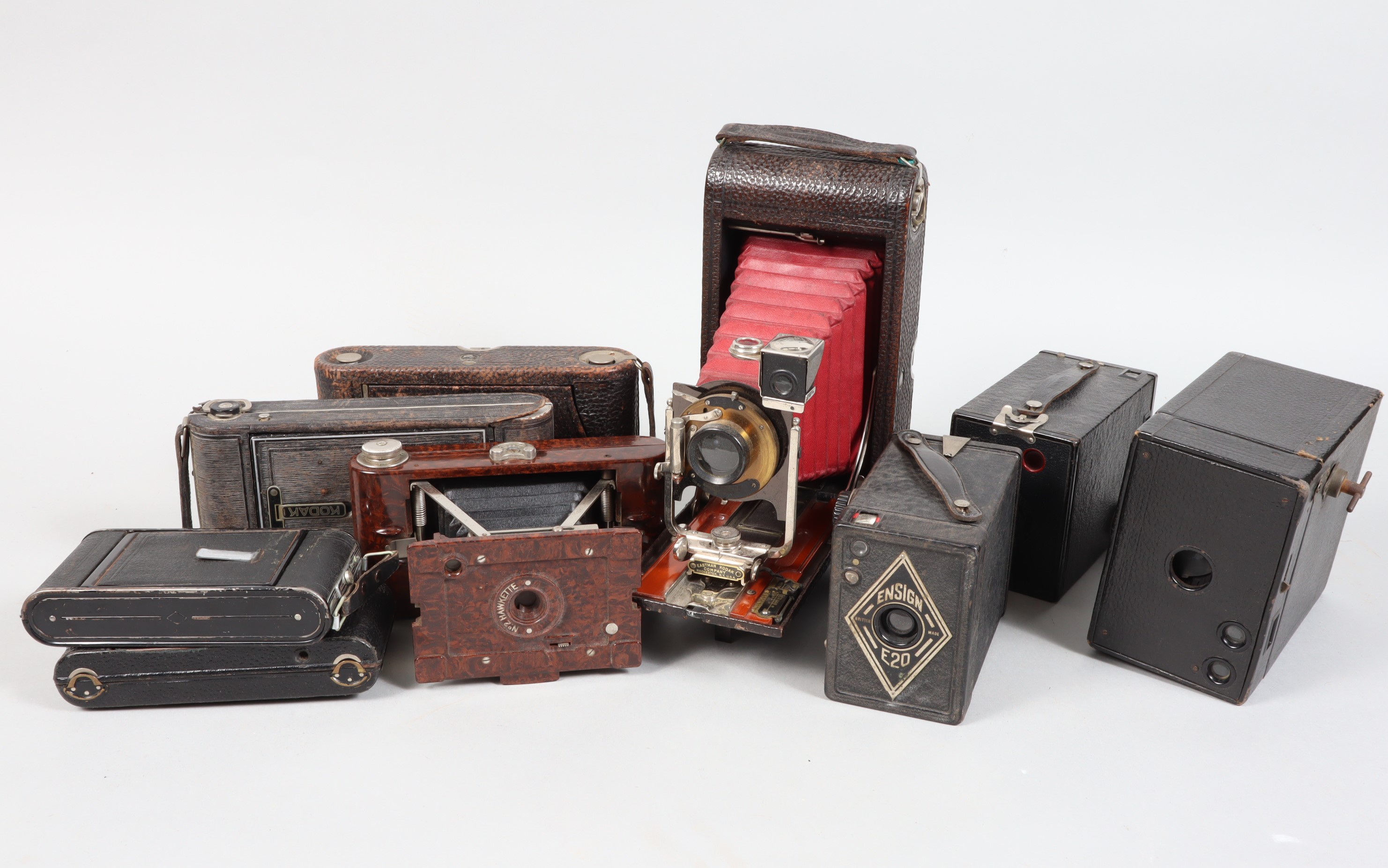Folding and Box Cameras, including a folding pocket Kodak model B-4, A No 2 Hawkette, Ensign,