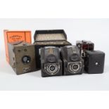 Various Box Cameras, a Coronet No 2 box camera, green, shutter working, some fading to