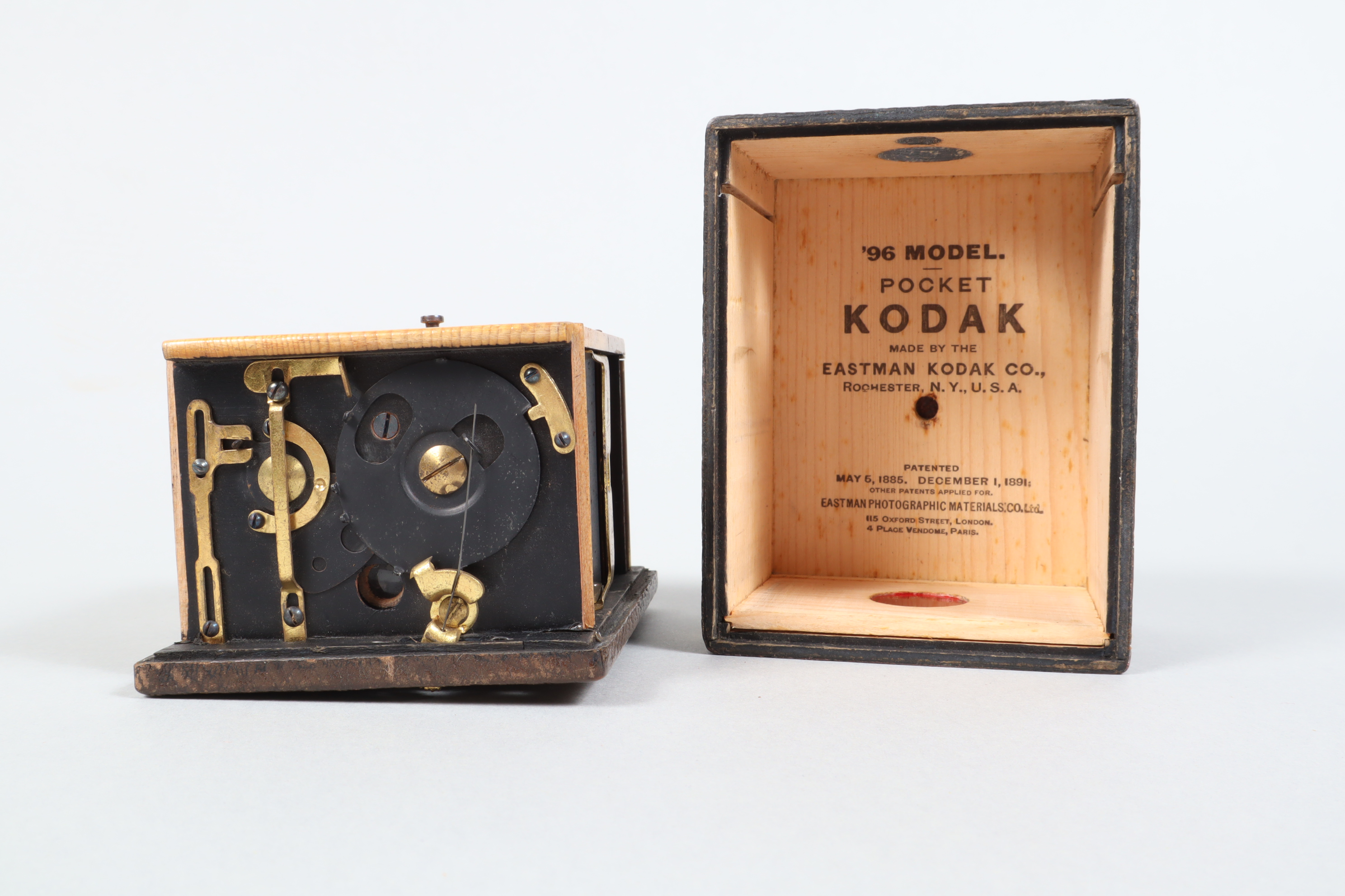 A 96 Model Pocket Kodak Box Camera, petented May 5 1885, December 1 1891, inside compleate, G-VG,