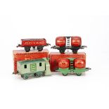 Hornby 0 Gauge 4-wheeled Freight Stock, a single wine wagon, green/grey-green snowplough, and blue/