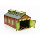 A Hornby 0 Gauge No 2 Engine Shed, a 'standard' no 2 shed on buff base with additional loose