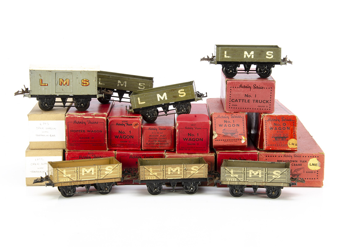 Hornby 0 Gauge LMS Breakdown Crane and 4-wheeled Freight Stock, most in original or similar boxes,