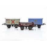 Three less-common Hornby 0 Gauge 4-wheel Wagons, all on 'T3' bases, comprising a GW light grey