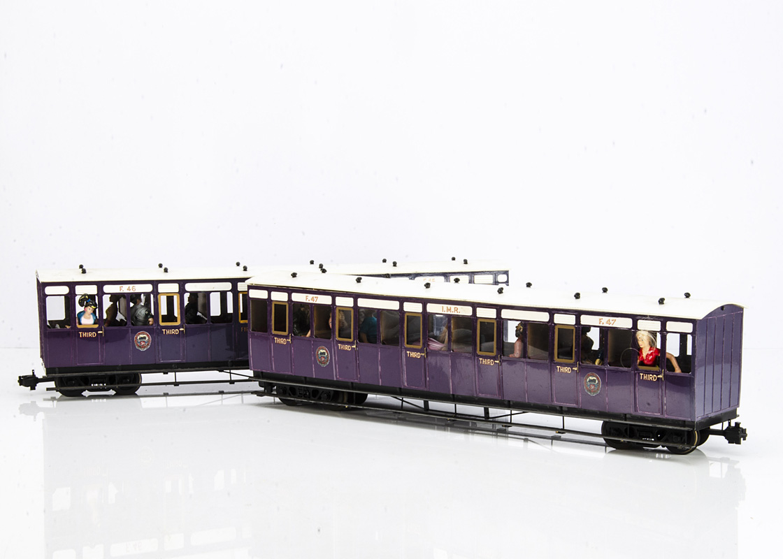 Rake of four Kit/Scratchbuilt G Gauge Isle of Man Railway bogie Coaches, all in purple and white,