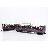 Rake of four Kit/Scratchbuilt G Gauge Isle of Man Railway bogie Coaches, all in purple and white,