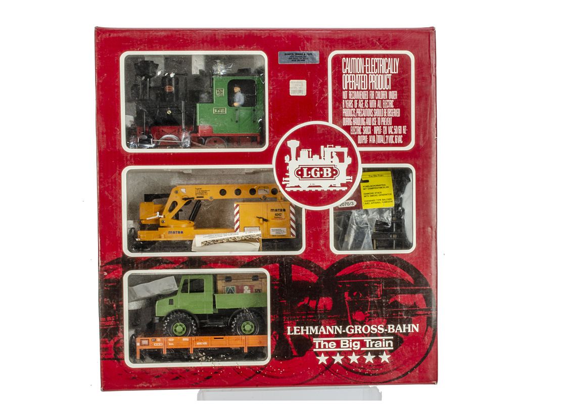 LGB G Gauge 21401 Goods Train Set, comprising green, black and red 0-4-0 No 2 Tank Engine, Crane