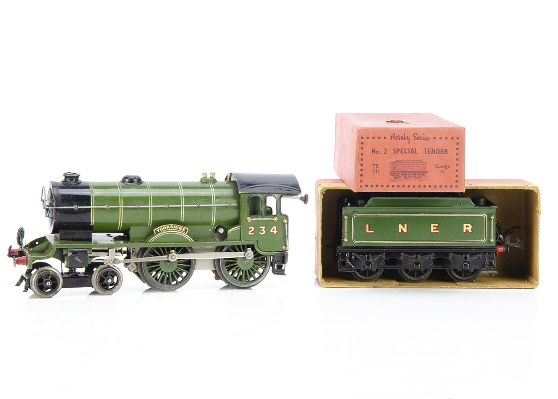 A Hornby 0 Gauge clockwork No 2 Special 4-4-0 'Yorkshire' Locomotive and Tender, in LNER green as No